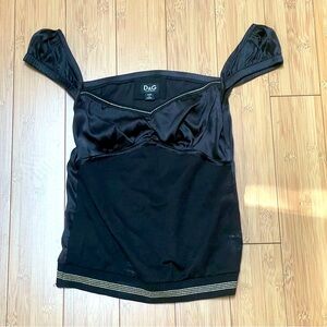 D&G Silk Black V-Neck Top with Cap Sleeves XS